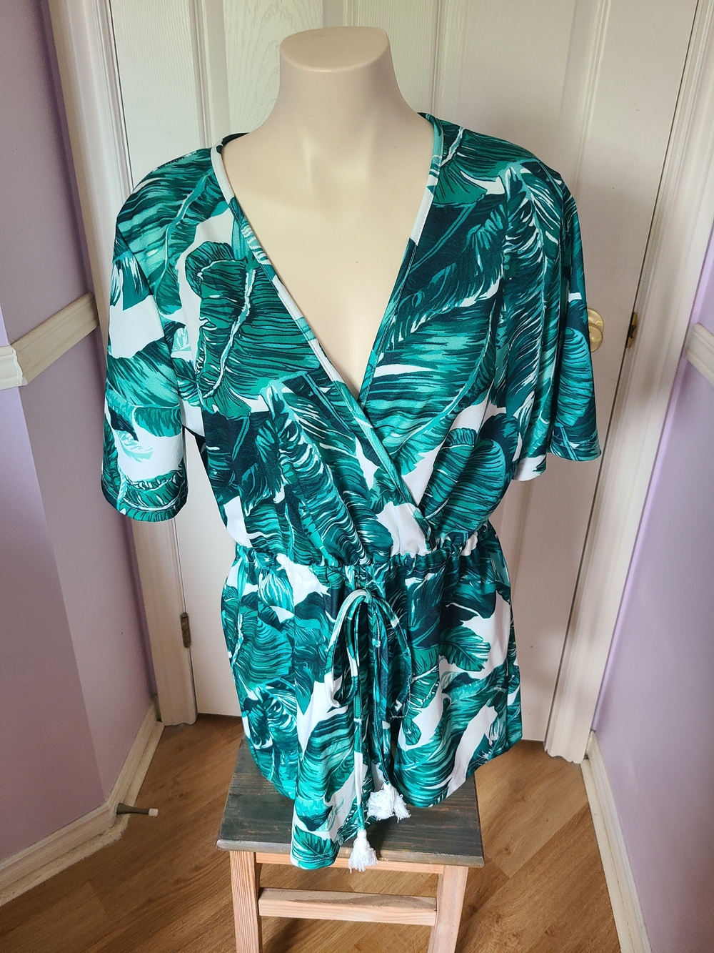 Tropical Green Leaf Wrap Romper